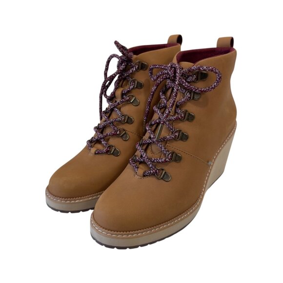 Toms Melrose Womens Tan Suede Wedge Booties With Burgundy Lace-Up Detail SZ 8.5 - Picture 2 of 14
